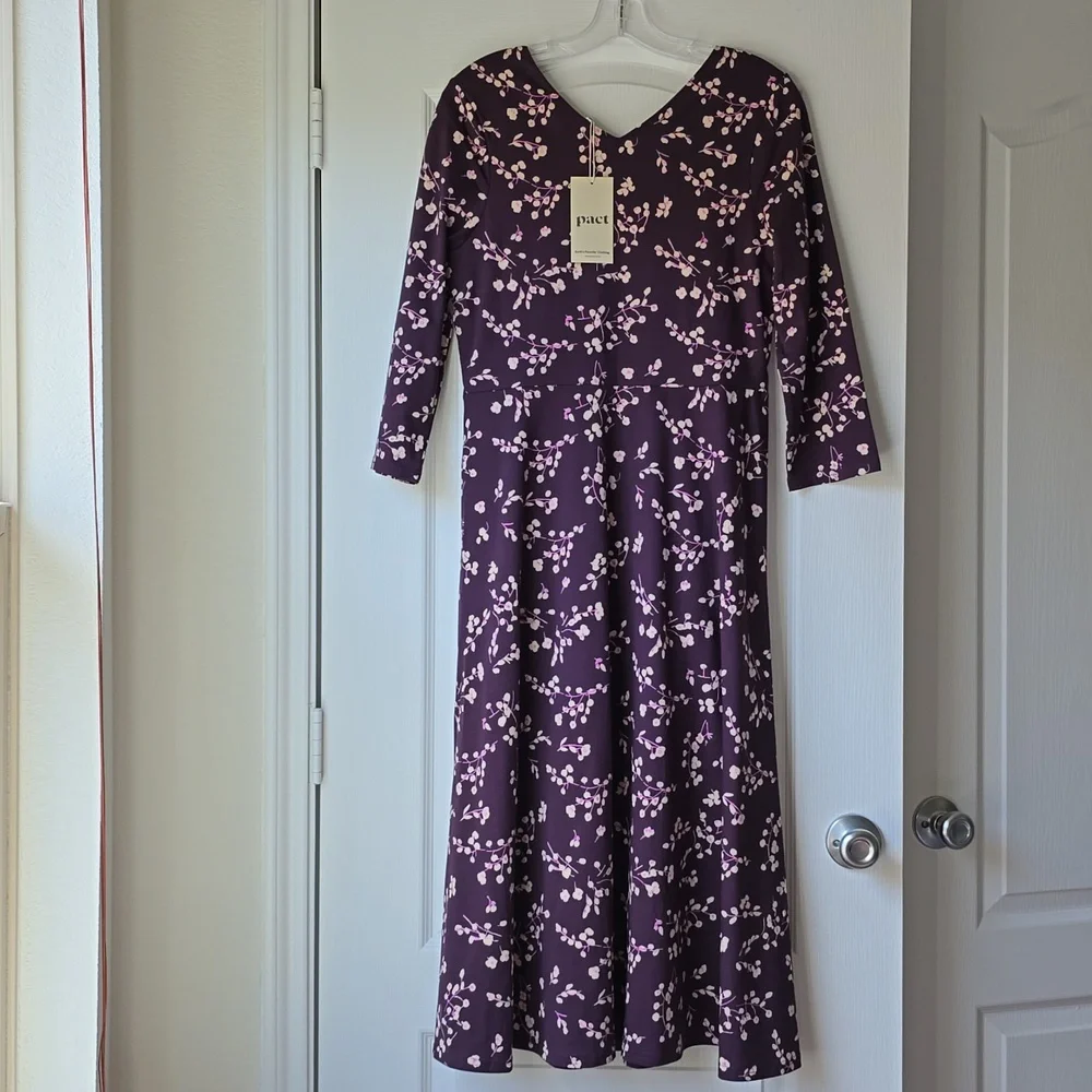 NWT Pact Organic Sustainable Cotton Fit & Flare Floral  Midi Dress Sz M - Picture 3 of 9